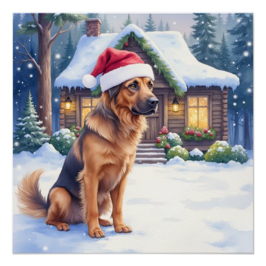 Hanoverian Scenthound Snowy Forest Cabin Santa Hat Perfect Poster (Voorkant)