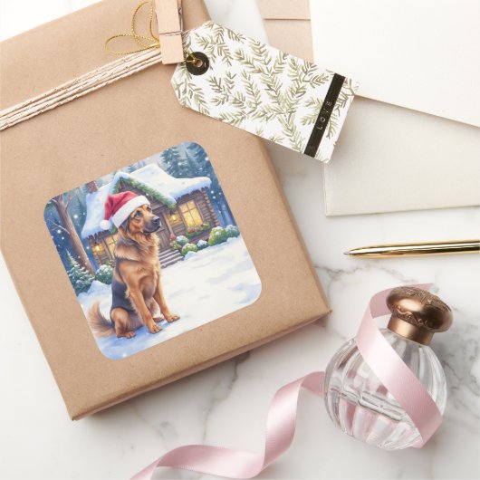 Hanoverian Scenthound Snowy Forest Cabin Santa Hat Vierkante Sticker (Geschenken)