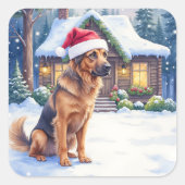 Hanoverian Scenthound Snowy Forest Cabin Santa Hat Vierkante Sticker (Voorkant)