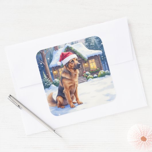 Hanoverian Scenthound Snowy Forest Cabin Santa Hat Vierkante Sticker (Envelop)