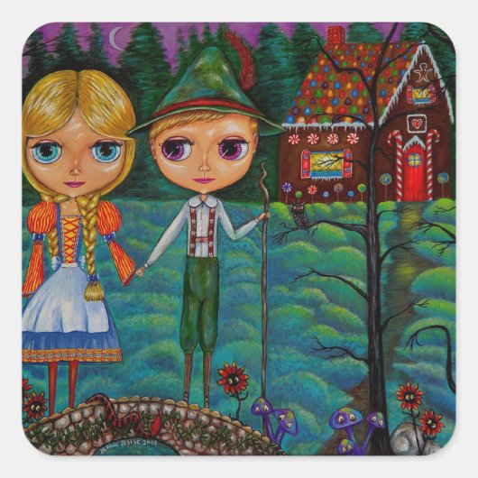 Hansel en Gretel Dolls en het Gingerbrood House Vierkante Sticker (Voorkant)