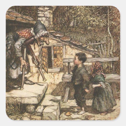 Hansel en Gretel ontmoeten de heks Vierkante Sticker (Voorkant)