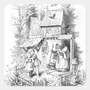 Hansel en Gretel ontmoeten de heks Vierkante Sticker