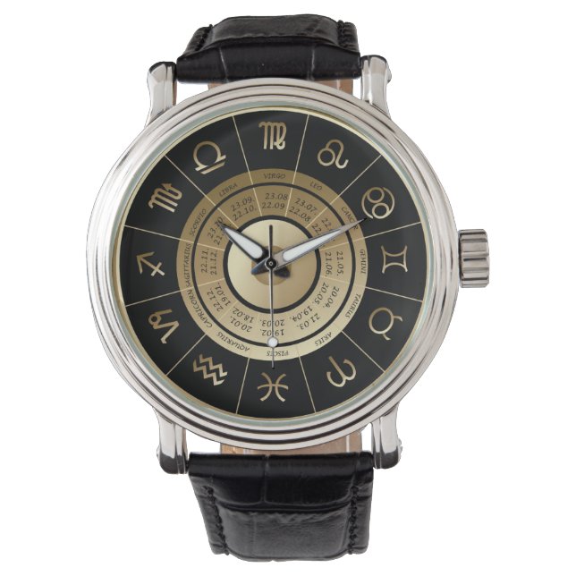HANSOM BLACK & GOLD ZODIAC SIGN WRIST WATCH HORLOGE (Voorkant)