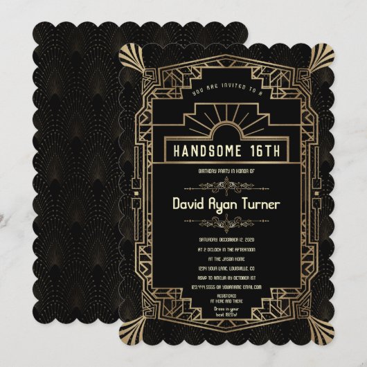 Hansome 16th Art Deco Gold Great Gatsby jaren 20 Kaart (Voorkant / Achterkant)