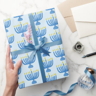 Hanukka Botanische Menora Aquarel Blauw Cadeaupapier