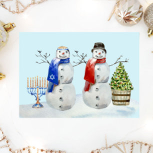 Hanukka en Kerst Sneeuwman Aquarel Feestdagenkaart