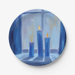 Hanukka kaarsen waterverf in het blauw papieren bordje