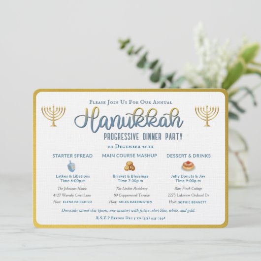 Hanukka Progressief Diner Feest Uitnodiging (Staand voorkant)