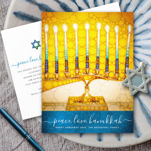 Hanukka stijlvolle gele gouden menorah script teal feestdagenkaart