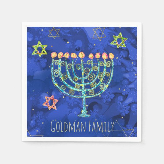 Hanukkah Aqua Menorah Star van David op Blue Servet (Voorkant)
