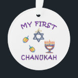 Hanukkah Baby Ornament<br><div class="desc">De eerste Chanoeka van baby's vieren met gepersonaliseerde Hanukkah menorah,  dreidels en joodse ster met schattige "My First Chanukah".</div>