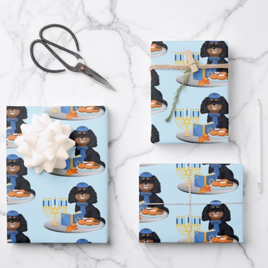 Hanukkah Black en Tan Cavalier King Charles Spani Inpakpapier Vel (Voorkant)