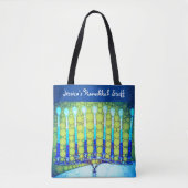 Hanukkah Blauw Groen Menorah Aangepaste Naam Trend Tote Bag (Voorkant)