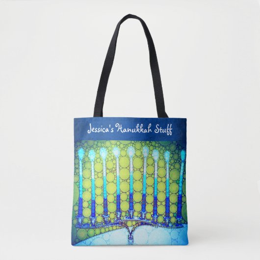 Hanukkah Blauw Groen Menorah Aangepaste Naam Trend Tote Bag (Voorkant)