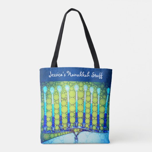 Hanukkah Blauw Groen Menorah Aangepaste Naam Trend Tote Bag (Achterkant)