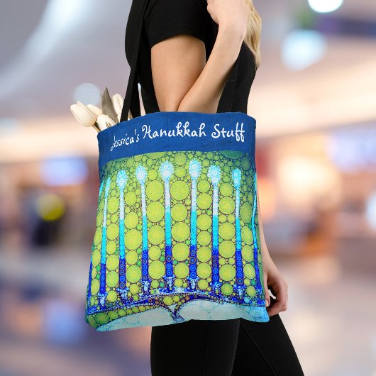 Hanukkah Blauw Groen Menorah Aangepaste Naam Trend Tote Bag