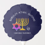 Hanukkah Blessings | BARUCH ATAH ADONAI | Chanukah Ballon<br><div class="desc">Stijlvolle, moderne HANUKKAH ballon. Het ontwerp shows een gouden kleurige MENORAH met een multicolored STAR VAN DAVID en zilver grijs DREIDEL. Bovenaan staat een gekromde tekst met de tekst BARUCH ATAH, ADONAI (verbijsterd: U, O God) en onder de tekst staat HANUKKAH BLESSINGS. ALLE TEKST IS , zodat kunt u met...</div>