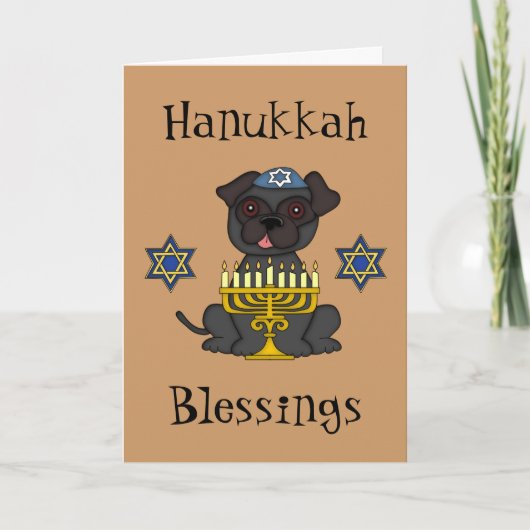 Hanukkah Blessings-Cute Pug met Menorah Feestdagen Kaart (Voorkant)