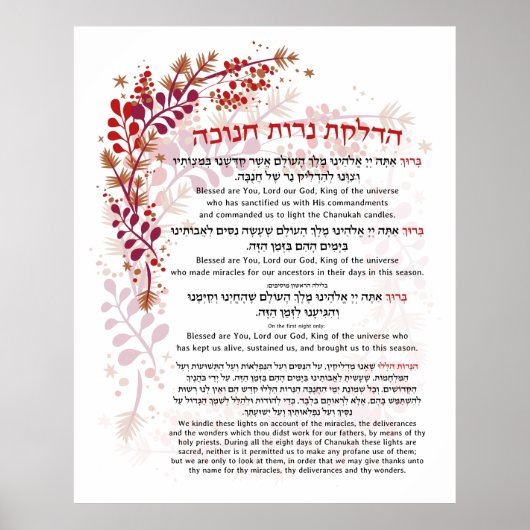 Hanukkah Blessings Hebrew English Lighting Candles Poster (Voorkant)
