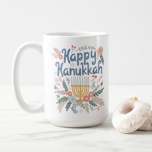 Hanukkah Bloemen Handgetekende Kunst  Koffiemok (Met donut)