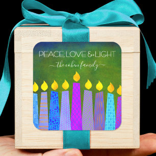 Hanukkah Blue Boho Candles Green Peace Love Light Vierkante Sticker