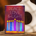 Hanukkah Blue Boho Candles on Red Peace Love Light Feestdagen Kaart<br><div class="desc">"Vrede, liefde en licht." Een speelse, moderne, artsachtige illustratie van boho patroonkaarsen in een menorah helpt je om mee te doen in de vakantie van Hanukkah. De gesorteerde blauwe kaarsen met kleurrijke faux patronen van de folie bedekken een rijke, diep verbrande rode oranje textureerde achtergrond. Voel de warmte en de...</div>