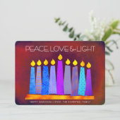 Hanukkah Blue Boho Candles on Red Peace Love Light Feestdagenkaart (Staand voorkant)