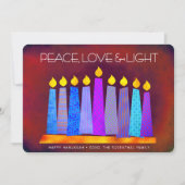 Hanukkah Blue Boho Candles on Red Peace Love Light Feestdagenkaart (Voorkant)