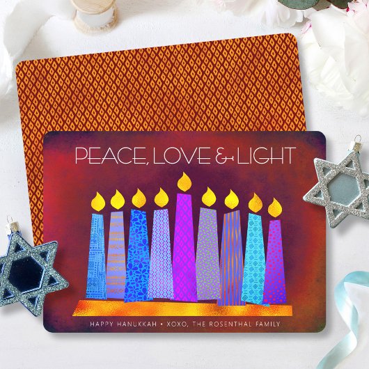 Hanukkah Blue Boho Candles on Red Peace Love Light Feestdagenkaart