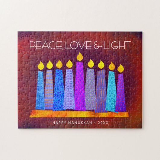 Hanukkah Blue Boho Candles on Red Peace Love Light Legpuzzel (Horizontaal)