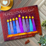 Hanukkah Blue Boho Candles on Red Peace Love Light Legpuzzel<br><div class="desc">"Vrede, liefde en licht." Een speelse, moderne, artsachtige illustratie van boho patroonkaarsen in een menorah helpt je om mee te doen in de vakantie van Hanukkah. De gesorteerde blauwe kaarsen met kleurrijke faux patronen van de folie bedekken een rijke, diep verbrande rode oranje textureerde achtergrond. Voel de warmte en de...</div>