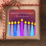 Hanukkah Blue Boho Candles Red Peace Love Light Vierkante Sticker<br><div class="desc">"Vrede, liefde en licht." Een speelse, moderne, artsachtige illustratie van boho patroonkaarsen helpt je te gebruiken in de vakantie van Hanukkah. De gesorteerde blauwe kaarsen met kleurrijke faux patronen van de folie bedekken een rijke, diep verbrande rode oranje textureerde achtergrond. Voel de warmte en de vreugde van het vakantieseizoen als...</div>