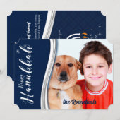Hanukkah Blue en White met foto en naam Feestdagenkaart (Voorkant / Achterkant)