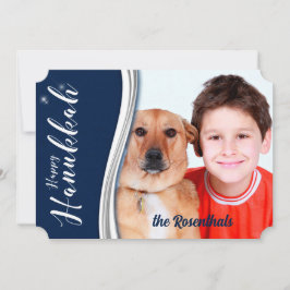 Hanukkah Blue en White met foto en naam Feestdagenkaart