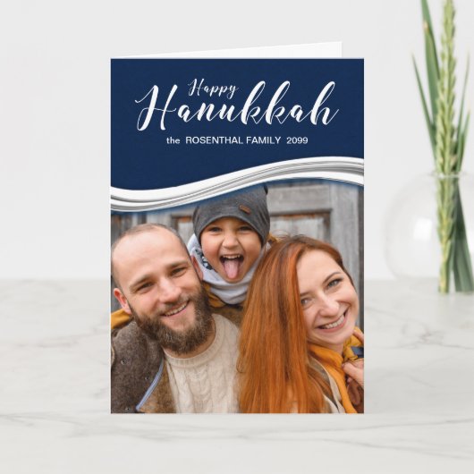 Hanukkah Blue en White met uw foto en naam Feestdagen Kaart (Voorkant)