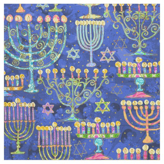 Hanukkah Blue Gold Menorah Star van David Pattern Stof (Close Up)