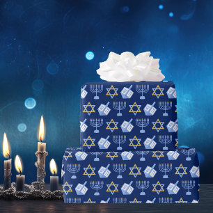 Hanukkah Blue Menorah Dreidel Pattern Chanukah Cadeaupapier