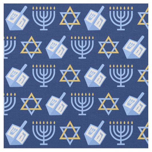 Hanukkah Blue Menorah Dreidel Pattern Chanukah Stof (Close Up)