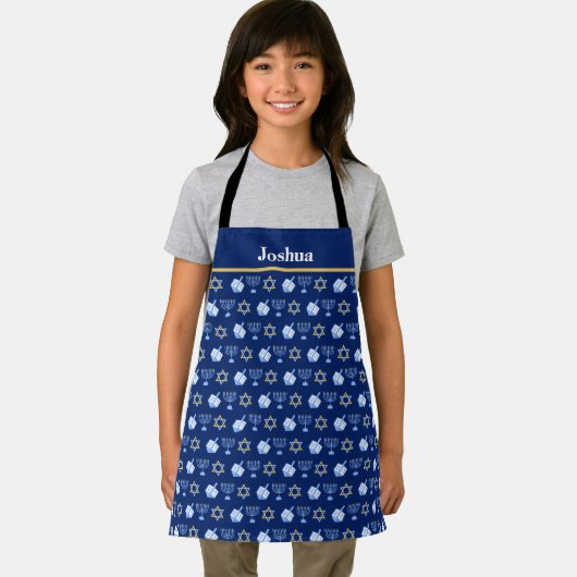 Hanukkah Blue Menorah Dreidel Pattern Custom Kinde Schort (Insitu)
