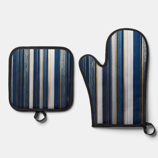 Hanukkah Blues Stripes Blauw Wit Goud Ovenwant & Pannenlap Set (Voorkant)
