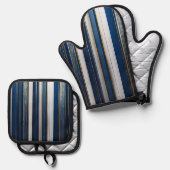 Hanukkah Blues Stripes Blauw Wit Goud Ovenwant & Pannenlap Set (Voorkant / Achterkant)