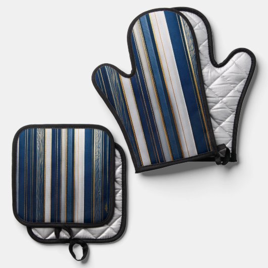 Hanukkah Blues Stripes Blauw Wit Goud Ovenwant & Pannenlap Set (Voorkant / Achterkant)