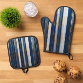 Hanukkah Blues Stripes Blauw Wit Goud Ovenwant & Pannenlap Set (Top down)