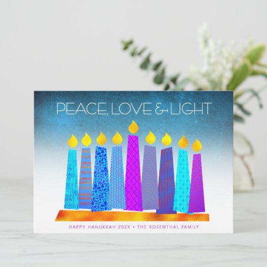 Hanukkah Boho Candles Peace Love Light Turquoise Feestdagenkaart (Staand voorkant)