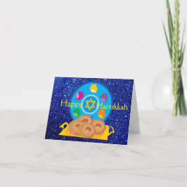 Hanukkah bord met dreidels blauwe nepschitter feestdagen kaart