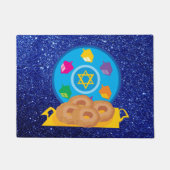 Hanukkah-Bord met Dreidels Blue Faux Glitter Deurmat (Voorkant)