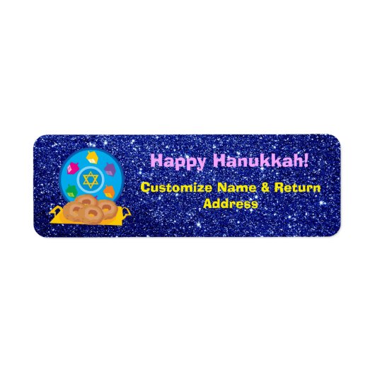 Hanukkah-Bord met Dreidels Blue Faux Glitter Etiket (Voorkant)