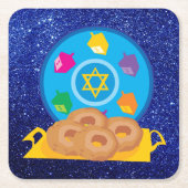 Hanukkah-Bord met Dreidels Blue Faux Glitter Kartonnen Onderzetters (Voorkant)