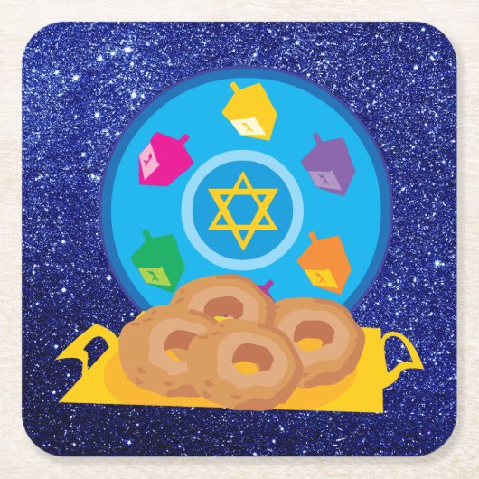 Hanukkah-Bord met Dreidels Blue Faux Glitter Kartonnen Onderzetters (Voorkant)